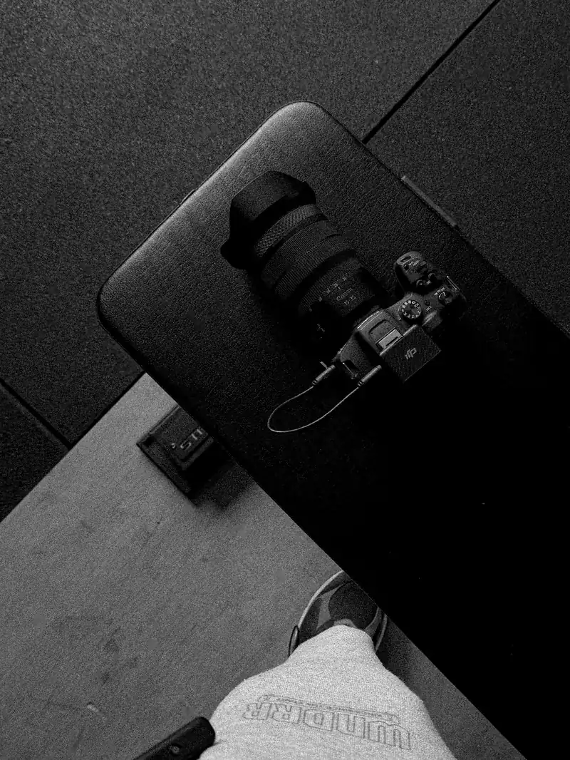 Camera and lens set down between takes